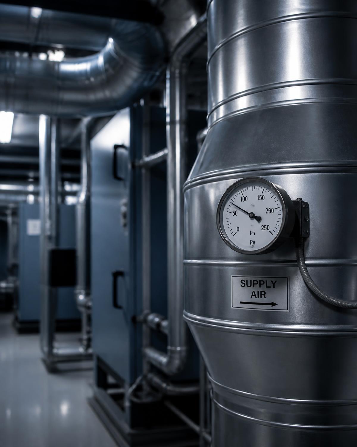 Local technique de ventilation et climatisation avec gaines en acier